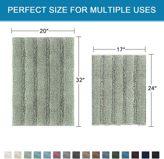 Extra Thick Chenille Bath Mat Set of 2, Non Slip Sage Striped Bathroom Rugs