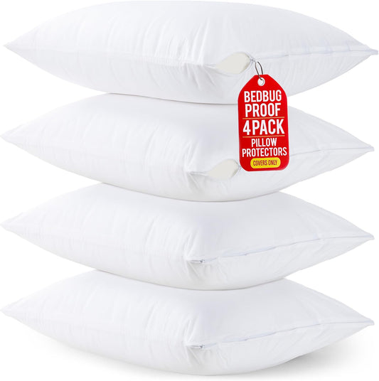 Waterproof Pillow Protectors, Set of 4, Zippered Jersey Utopia Bedding