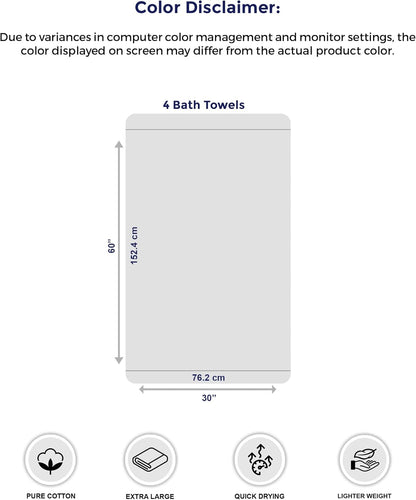 Extra Large Bath Towels 30x60, 100% Cotton Quick Dry, 4 Pack