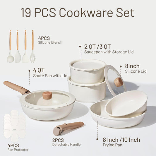 CAROTE 19-Piece Detachable Handle Cookware Set, Space Saving Nonstick