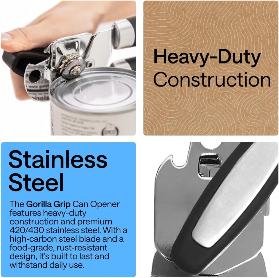 Gorilla Grip Heavy Duty Manual Can Opener, Smooth Edge & Bottle Opener