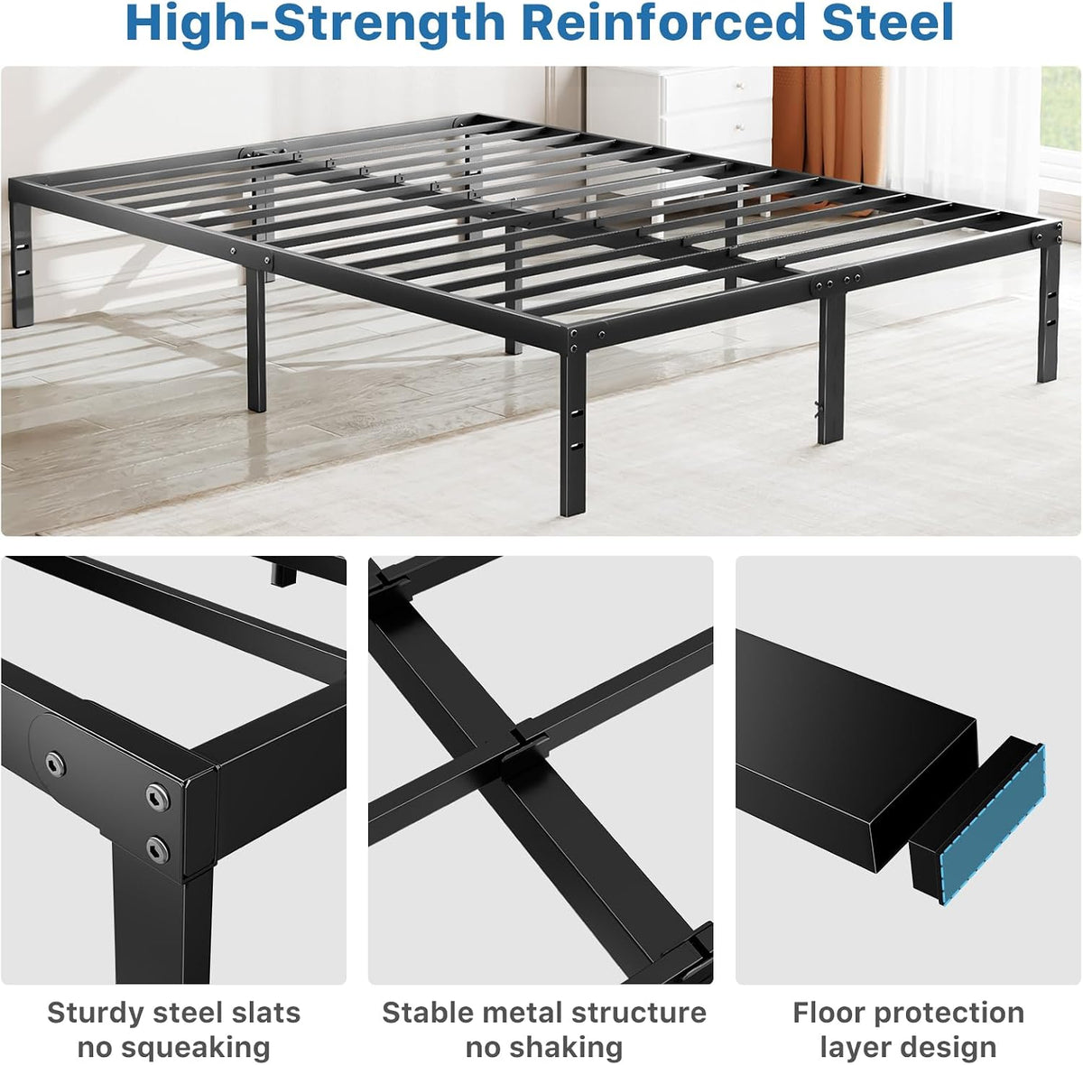 Queen Bed Frame With Storage, OLIXIS Reinforced Steel Slat Support