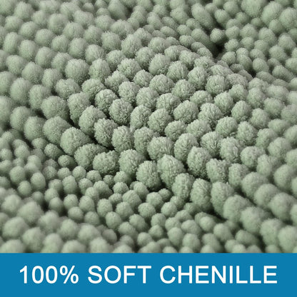 Extra Thick Chenille Bath Mat Set of 2, Non Slip Sage Striped Bathroom Rugs