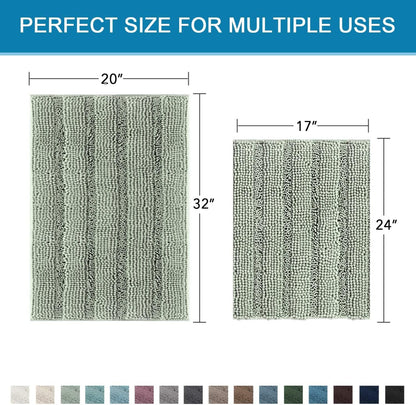 Extra Thick Chenille Bath Mat Set of 2, Non Slip Sage Striped Bathroom Rugs