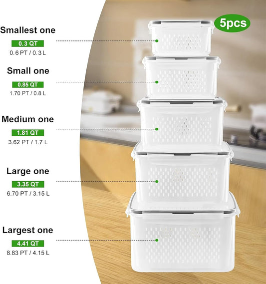 Leakproof Fridge Food Storage Bins With Colander - Freshmage 5 Pack