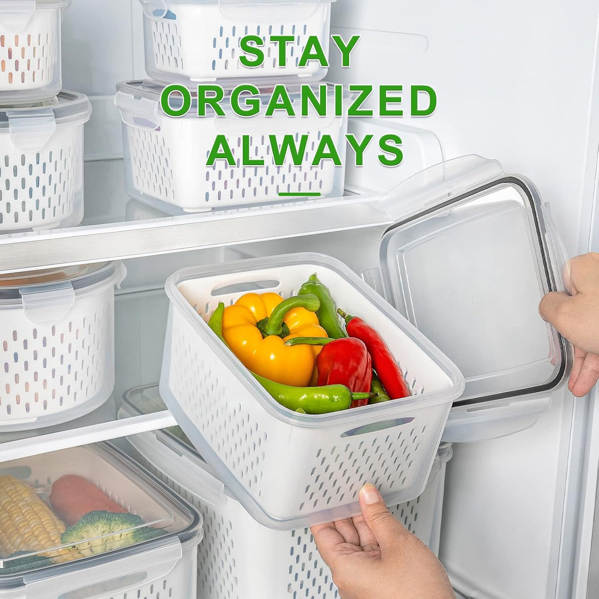 Leakproof Fridge Food Storage Bins With Colander - Freshmage 5 Pack