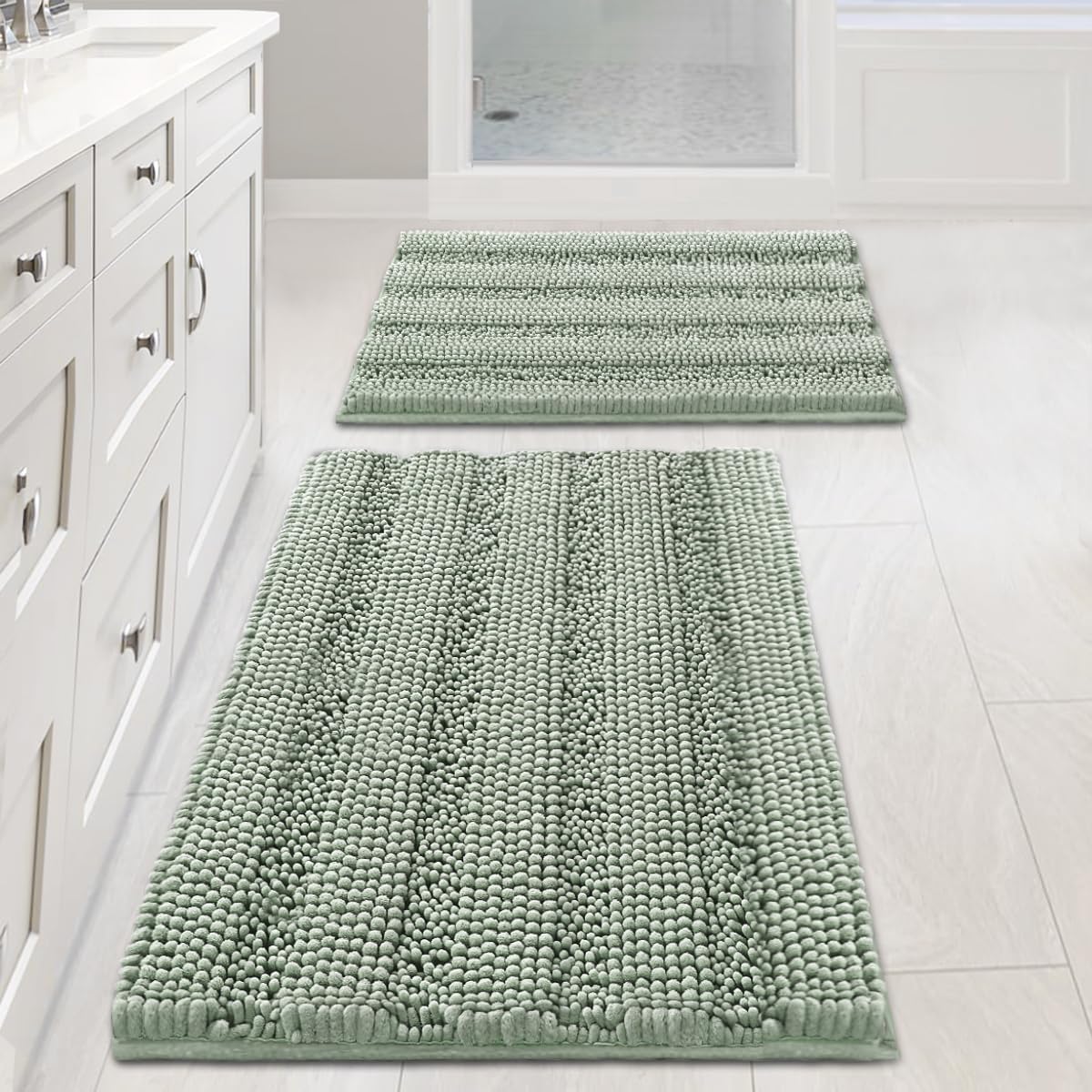 Extra Thick Chenille Bath Mat Set of 2, Non Slip Sage Striped Bathroom Rugs