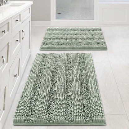 Extra Thick Chenille Bath Mat Set of 2, Non Slip Sage Striped Bathroom Rugs