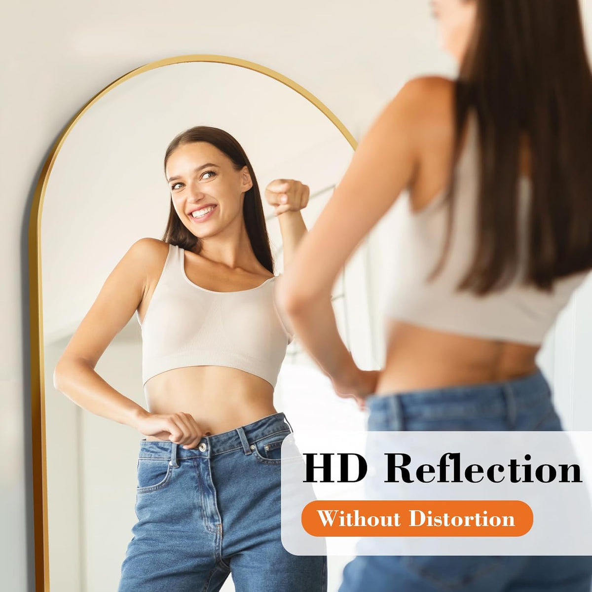 Arched Full Length Floor Mirror, Gold Shatterproof Glass by DUMOS