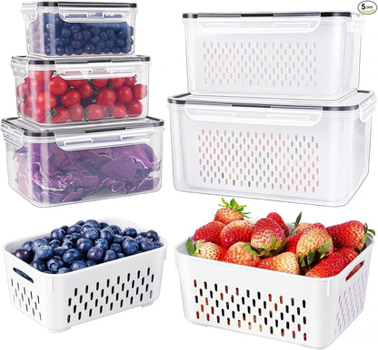 Leakproof Fridge Food Storage Bins With Colander - Freshmage 5 Pack