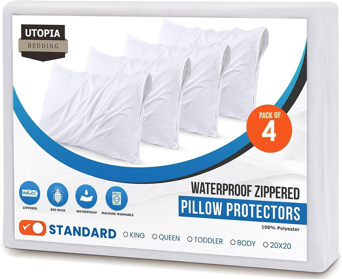 Waterproof Pillow Protectors, Set of 4, Zippered Jersey Utopia Bedding