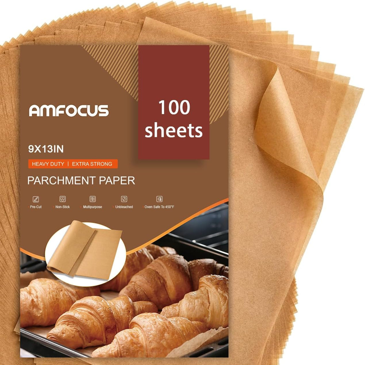 Precut Parchment Paper Sheets 9x13, 100 Count Unbleached AMFOCUS