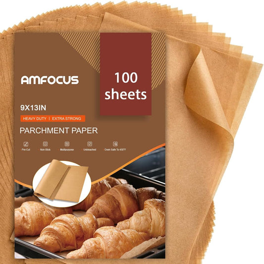 Precut Parchment Paper Sheets 9x13, 100 Count Unbleached AMFOCUS