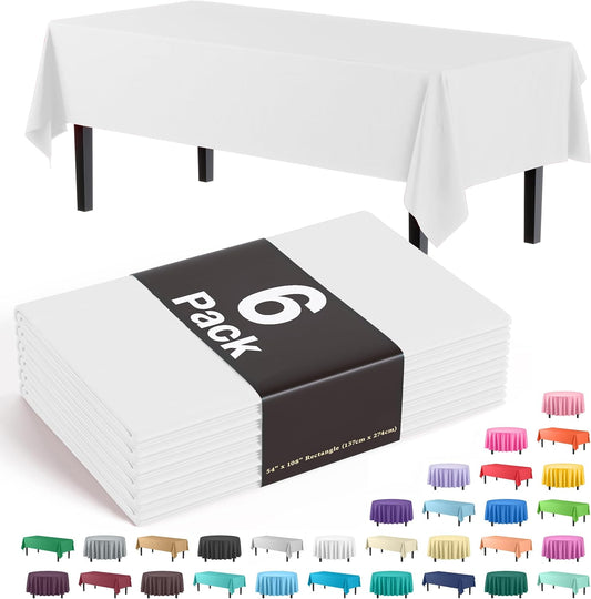 White Plastic Tablecloth 6-Pack, Party Solids 54x108 Inch
