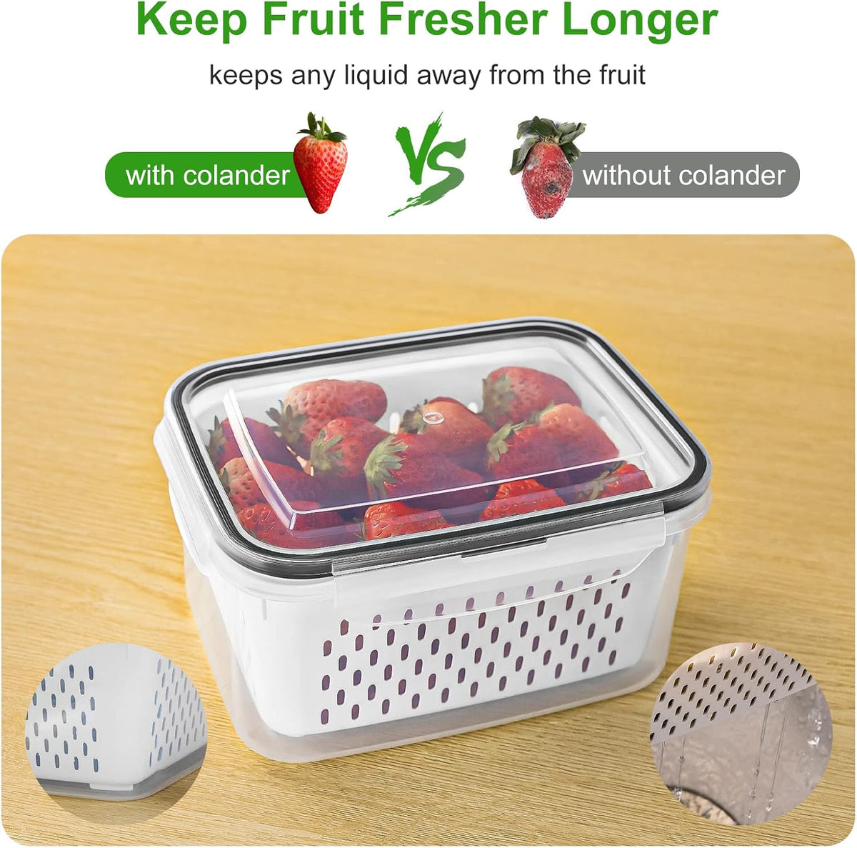 Leakproof Fridge Food Storage Bins With Colander - Freshmage 5 Pack