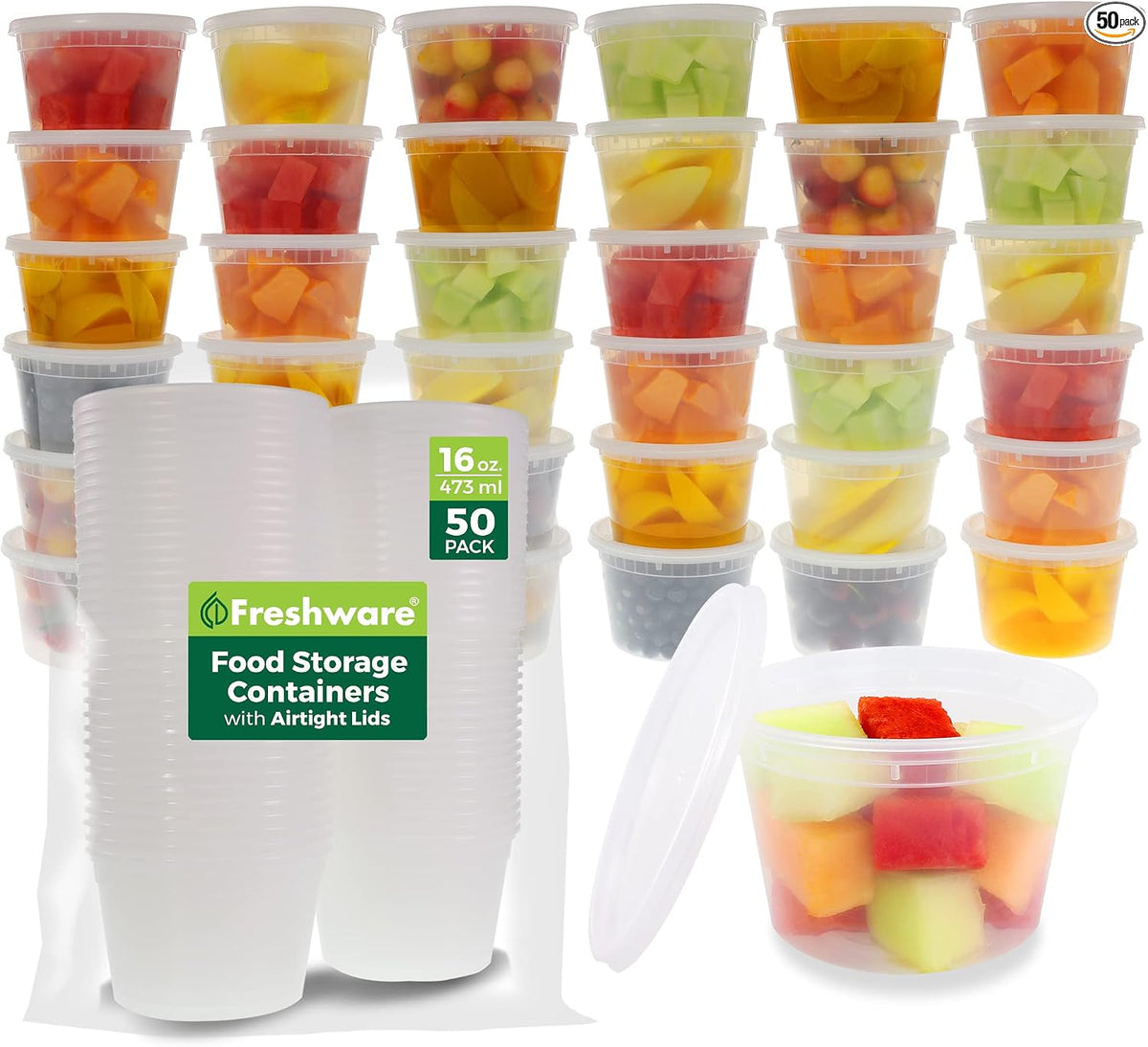 50 Count 16 Oz Deli Food Containers, Freshware Leakproof And Stackable