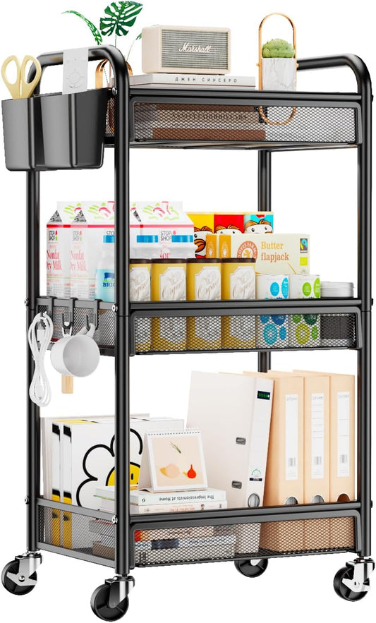 3 Tier Rolling Storage Cart, Heavy-Duty Metal Organizer, YASONIC, Black