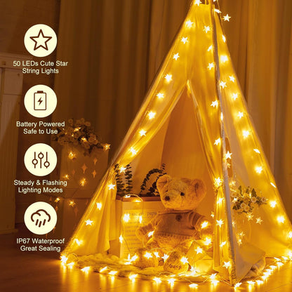 Minetom 17ft Battery Star String Lights, 50 LED Warm White With Timer