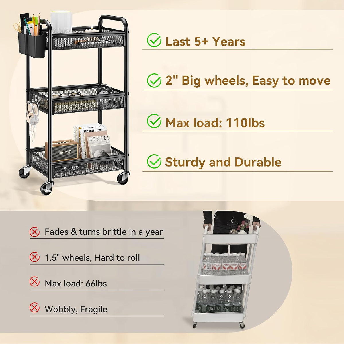 3 Tier Rolling Storage Cart, Heavy-Duty Metal Organizer, YASONIC, Black