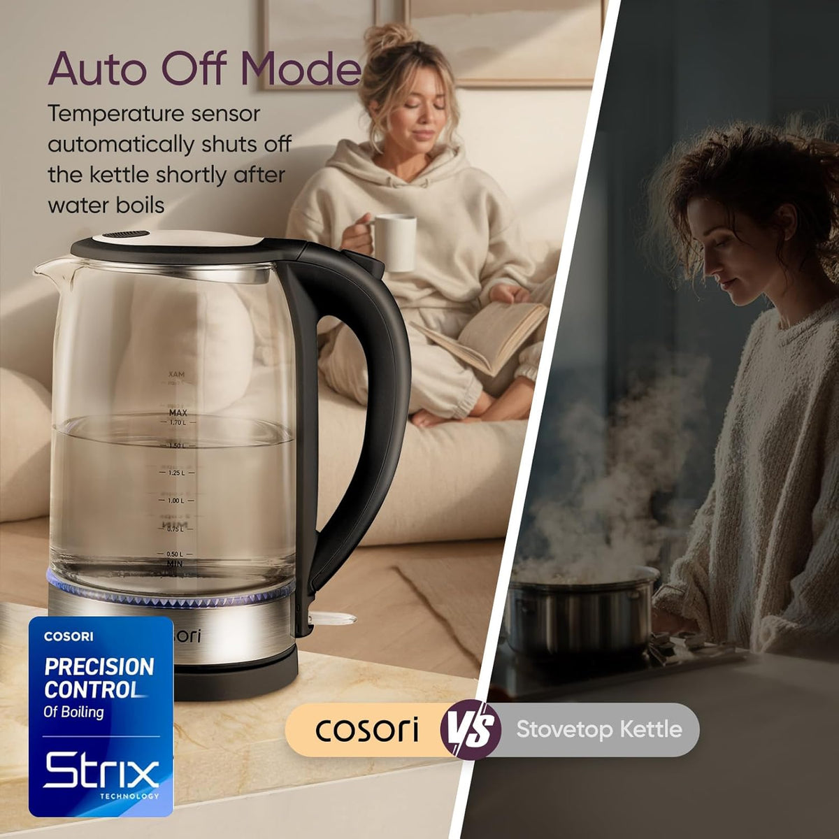 Cosori 1.7L Electric Kettle With No Plastic Contact And Auto Shut Off