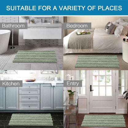 Extra Thick Chenille Bath Mat Set of 2, Non Slip Sage Striped Bathroom Rugs