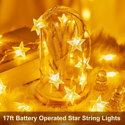 Minetom 17ft Battery Star String Lights, 50 LED Warm White With Timer