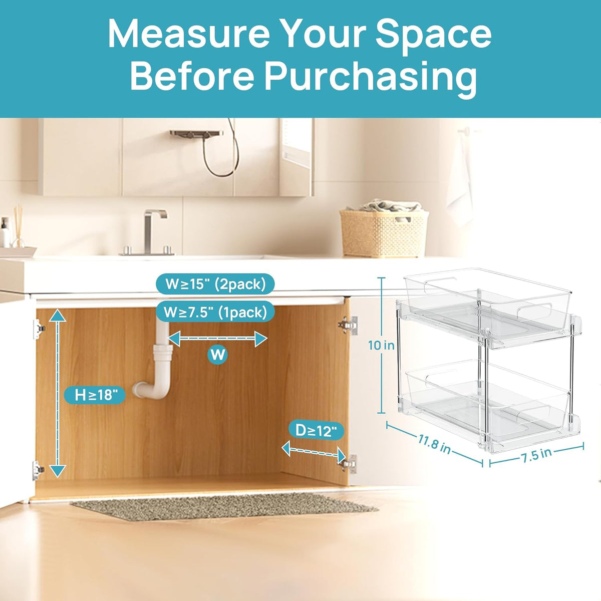 Clear Under Sink Organizer 4 Pack, Vtopmart 2 Tier Pull Out Storage