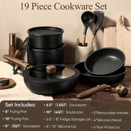 CAROTE 19-Piece Detachable Handle Cookware Set, Nonstick Pots and Pans