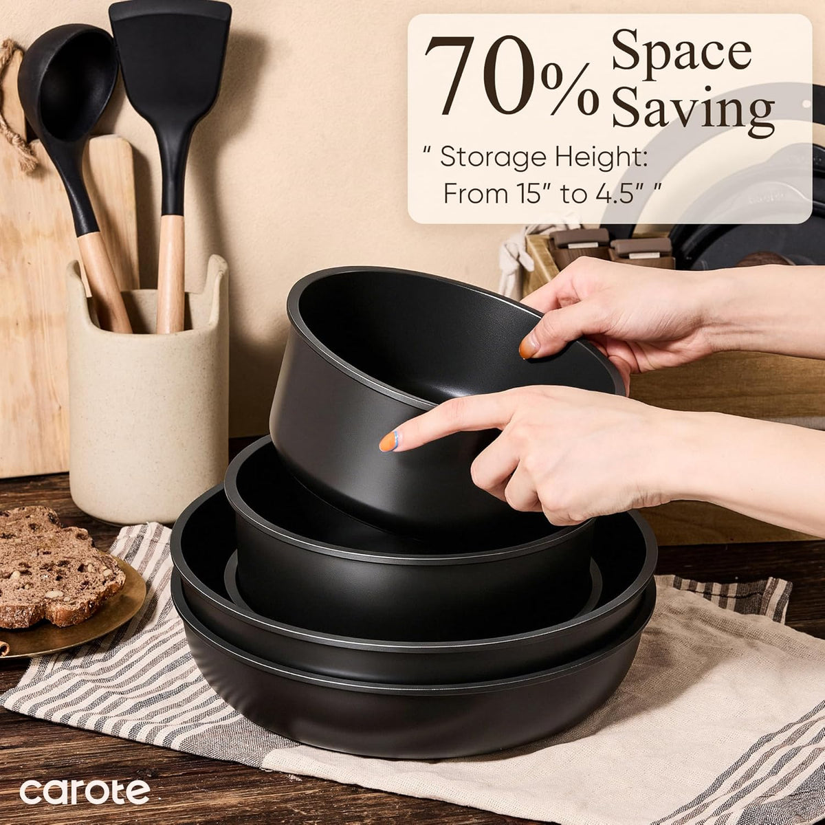 CAROTE 19-Piece Detachable Handle Cookware Set, Nonstick Pots and Pans