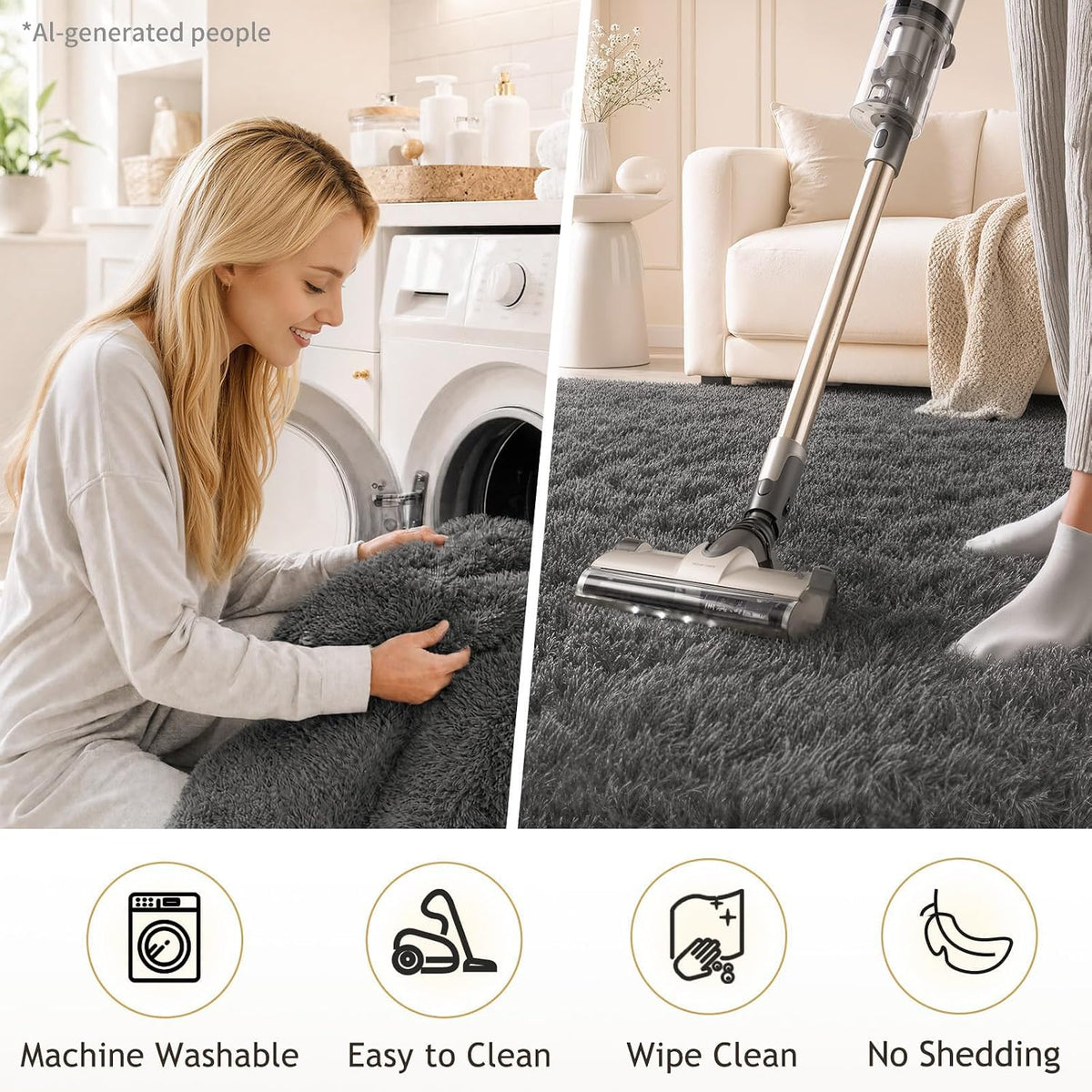 Soft Grey Shag Area Rug 4x6, Ophanie Non-Slip High Pile Carpet
