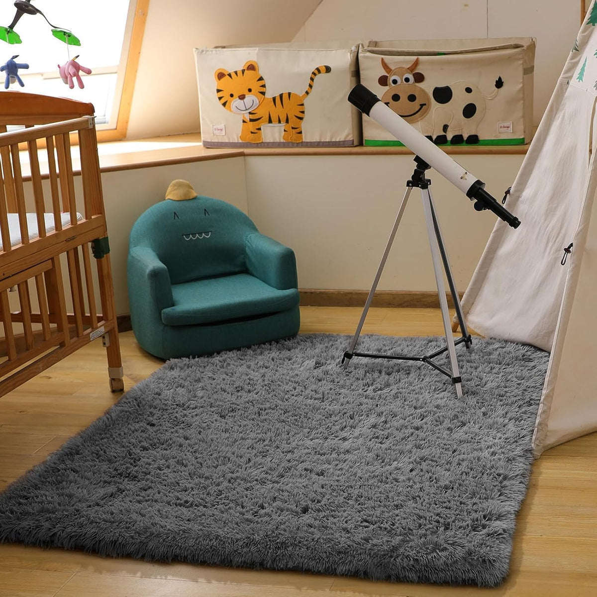 Soft Grey Shag Area Rug 4x6, Ophanie Non-Slip High Pile Carpet