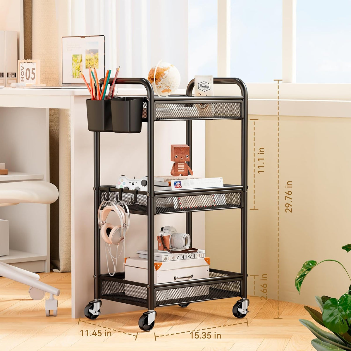 3 Tier Rolling Storage Cart, Heavy-Duty Metal Organizer, YASONIC, Black