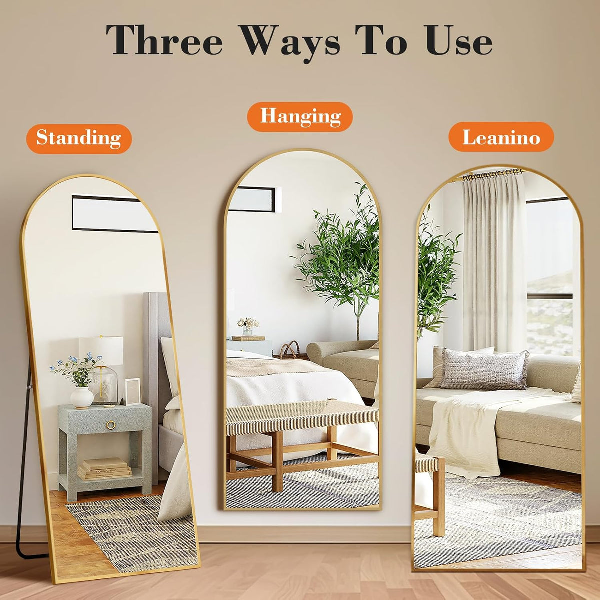 Arched Full Length Floor Mirror, Gold Shatterproof Glass by DUMOS