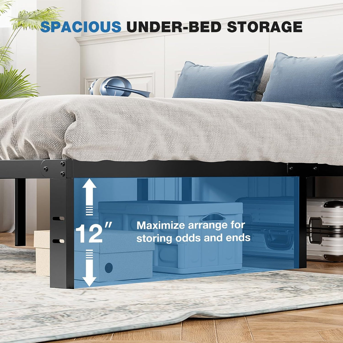 Queen Bed Frame With Storage, OLIXIS Reinforced Steel Slat Support