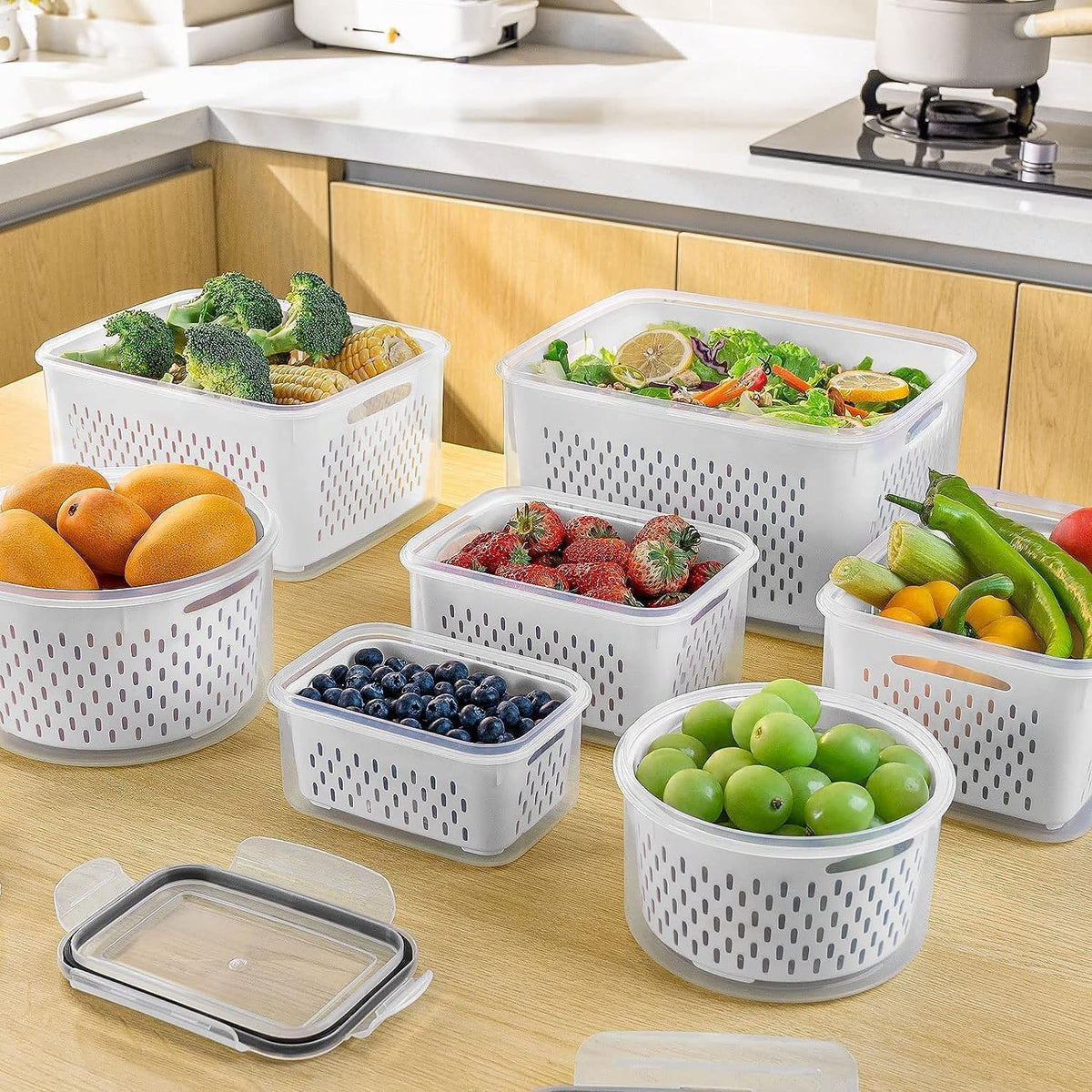Leakproof Fridge Food Storage Bins With Colander - Freshmage 5 Pack