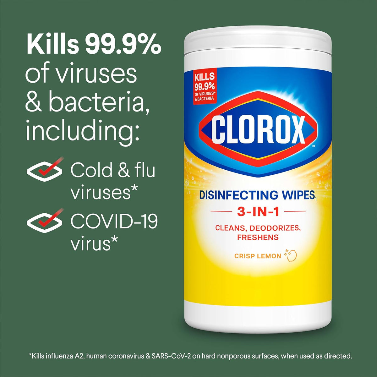 Bleach-Free Disinfecting Wipes, Lemon & Fresh Scent, Clorox 225 Count