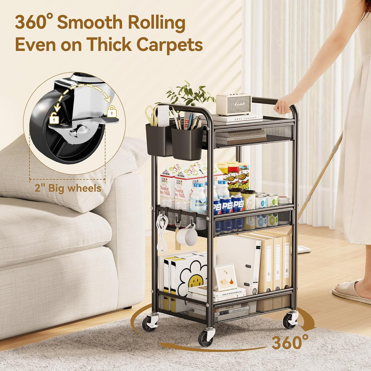 3 Tier Rolling Storage Cart, Heavy-Duty Metal Organizer, YASONIC, Black