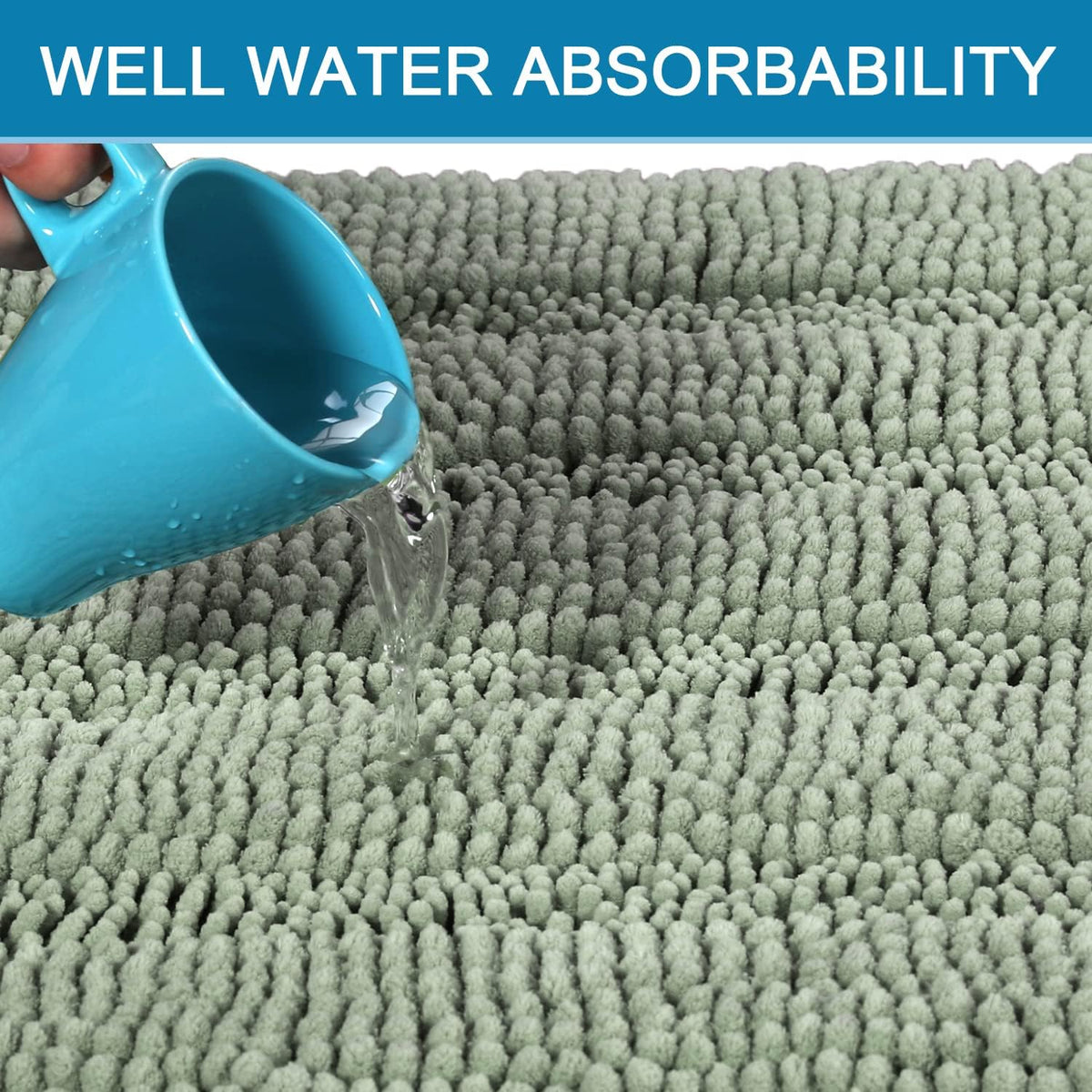 Extra Thick Chenille Bath Mat Set of 2, Non Slip Sage Striped Bathroom Rugs