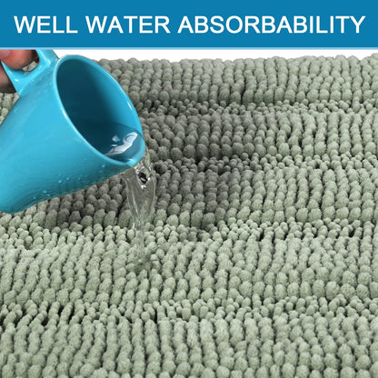 Extra Thick Chenille Bath Mat Set of 2, Non Slip Sage Striped Bathroom Rugs