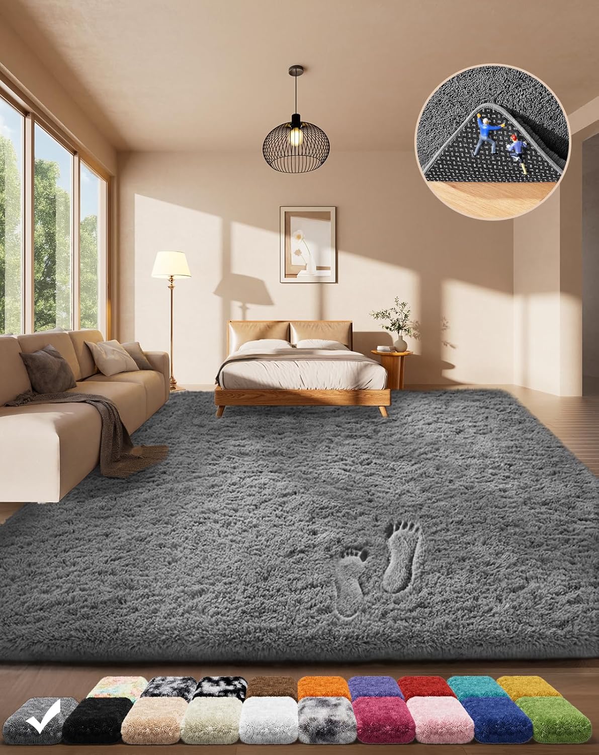 Soft Grey Shag Area Rug 4x6, Ophanie Non-Slip High Pile Carpet