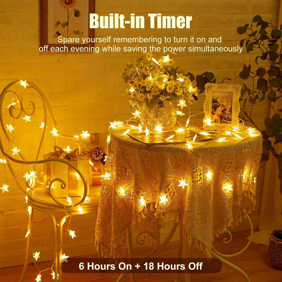 Minetom 17ft Battery Star String Lights, 50 LED Warm White With Timer