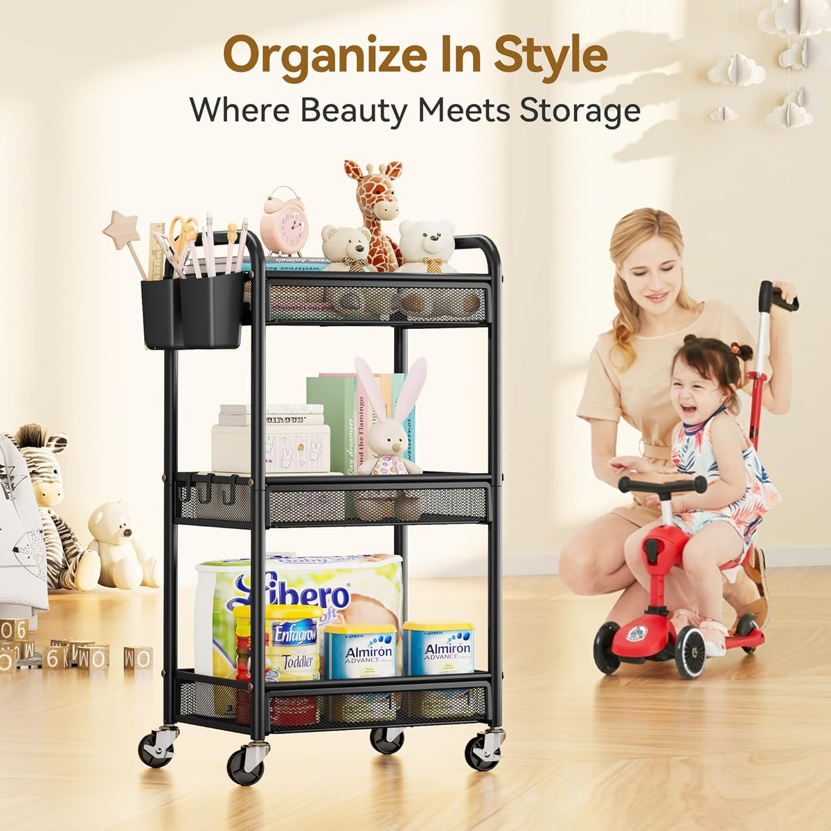 3 Tier Rolling Storage Cart, Heavy-Duty Metal Organizer, YASONIC, Black