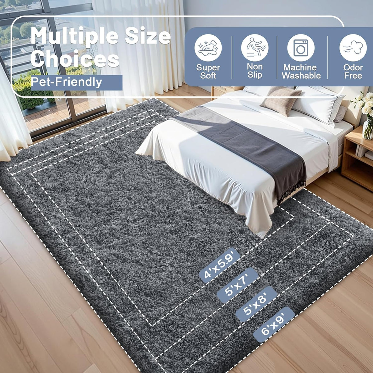 Machine Washable Shag Rug for Bedroom, OLANLY 4x5.9 ft Grey