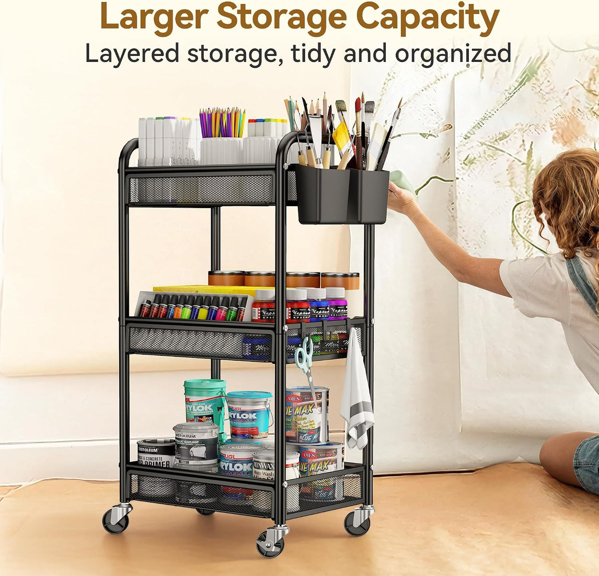 3 Tier Rolling Storage Cart, Heavy-Duty Metal Organizer, YASONIC, Black
