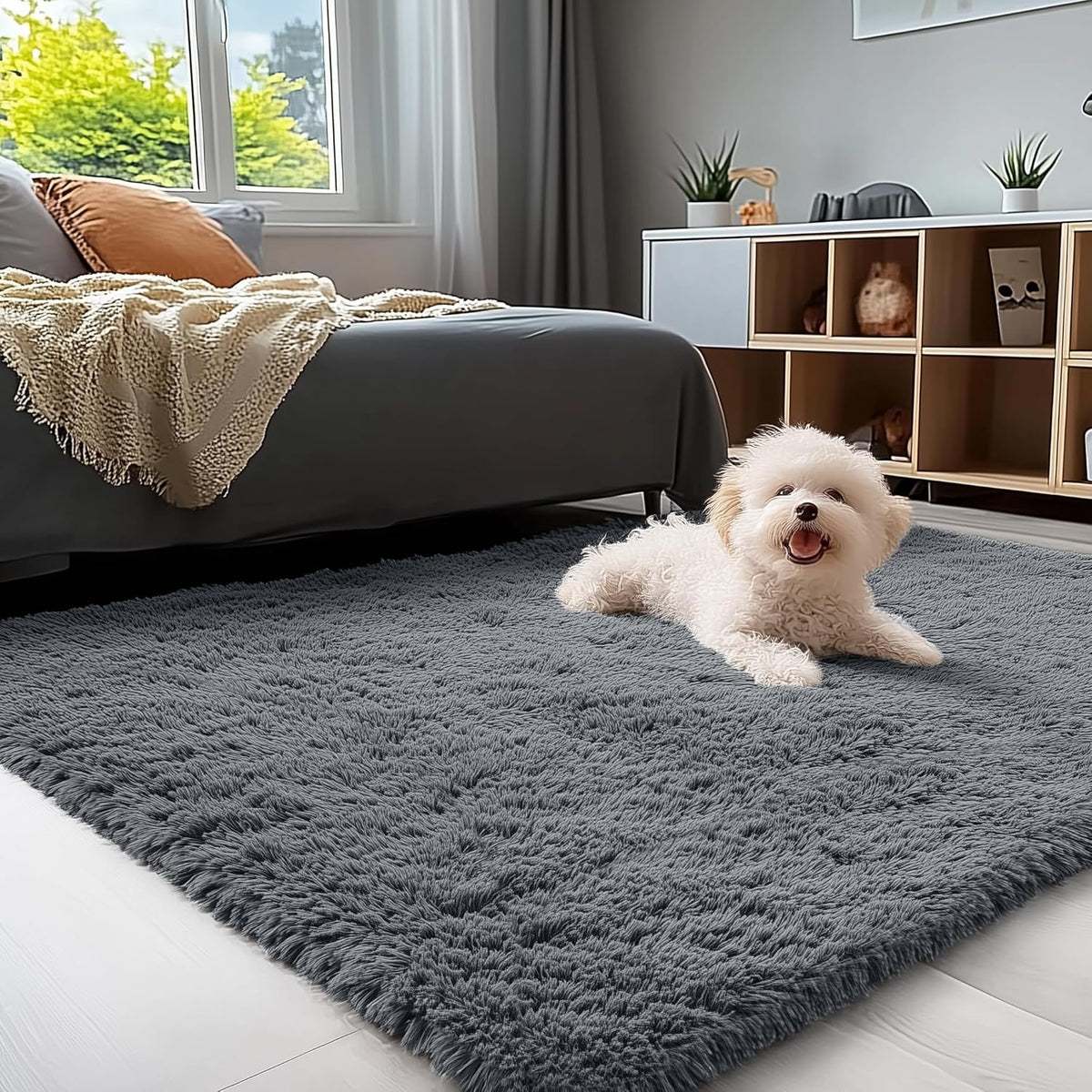 Machine Washable Shag Rug for Bedroom, OLANLY 4x5.9 ft Grey