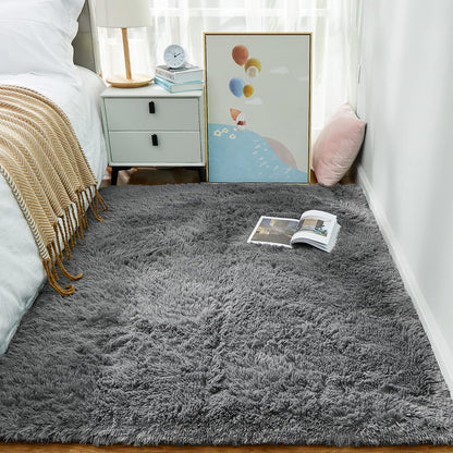 Soft Grey Shag Area Rug 4x6, Ophanie Non-Slip High Pile Carpet