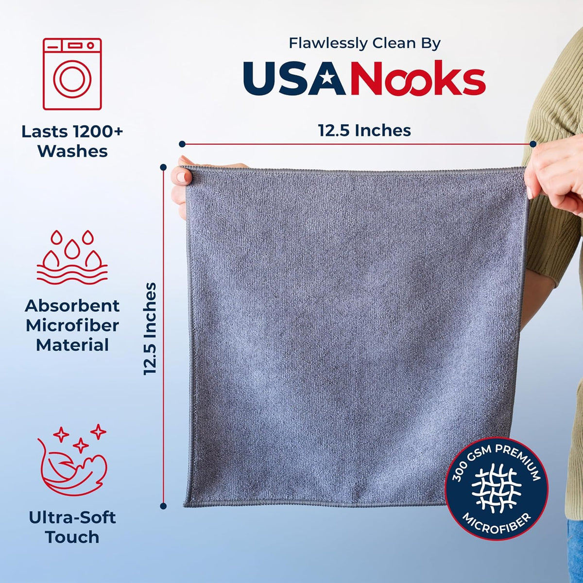 Microfiber Cleaning Cloths 12-Pack, USANOOKS Lint-Free 12.5 Inch