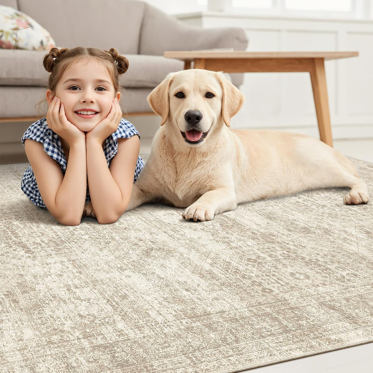 8x10 Washable Area Rug, Vintage Beige Non-Slip Soft Carpet by Soalmost