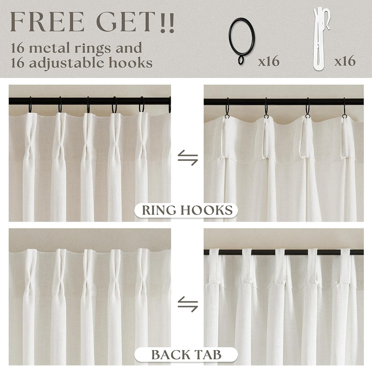 Pinch Pleat Linen Curtains 84 Inch, TWODRAPES Semi Sheer 2 Panels